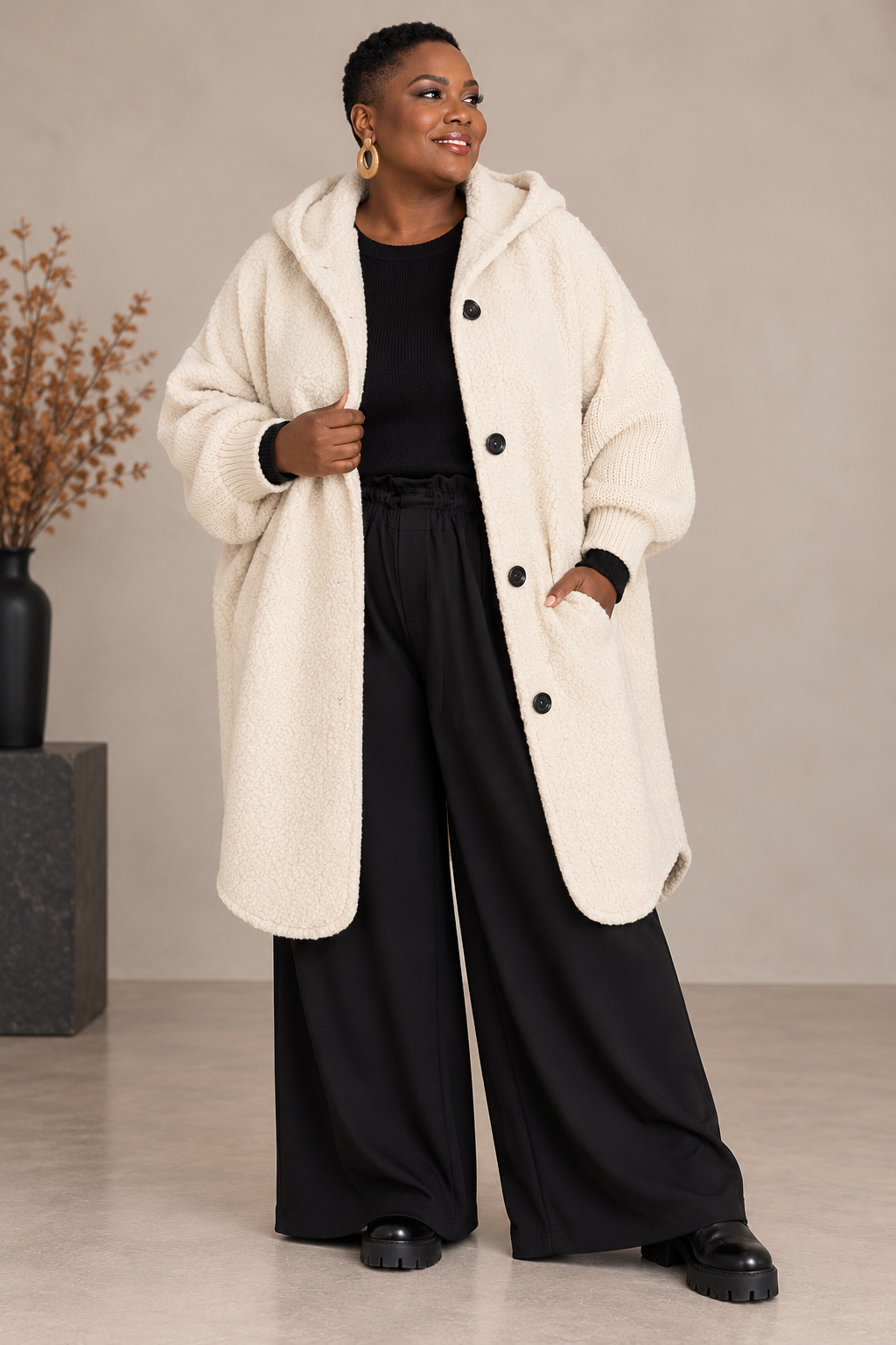 Manteau lainage bouclette et manches tricot