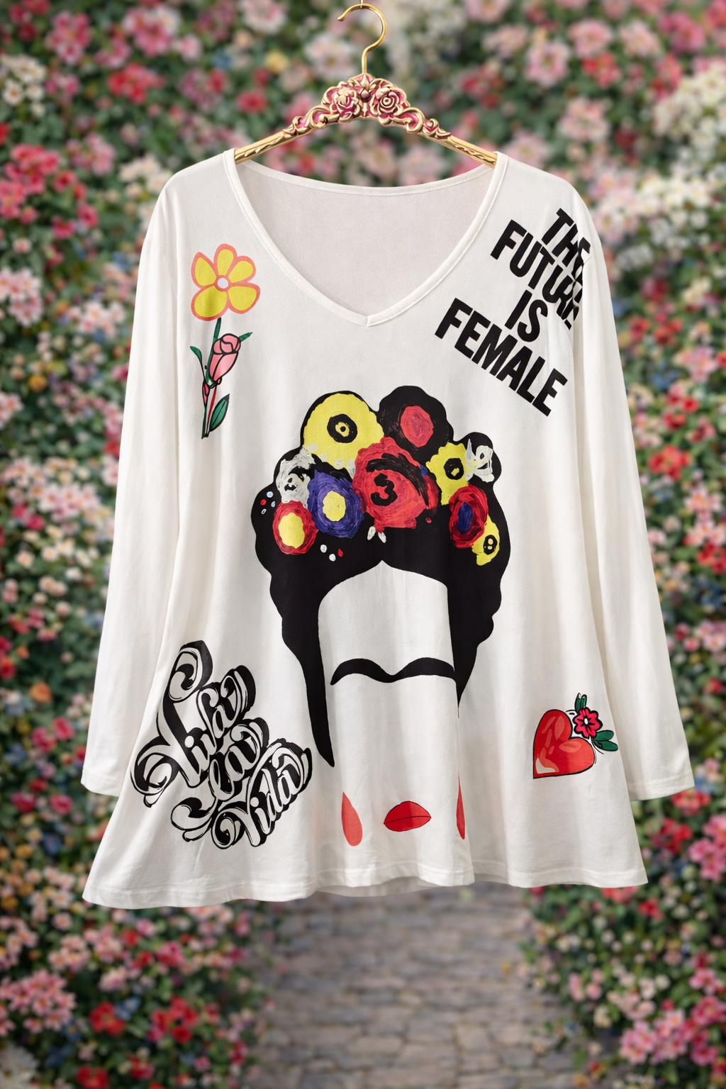 Tunique évasée fond blanc motif Frida abstrait