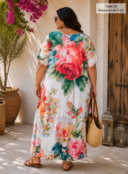 Robe évasée,  maille lycra brillant mat, motifs floraux