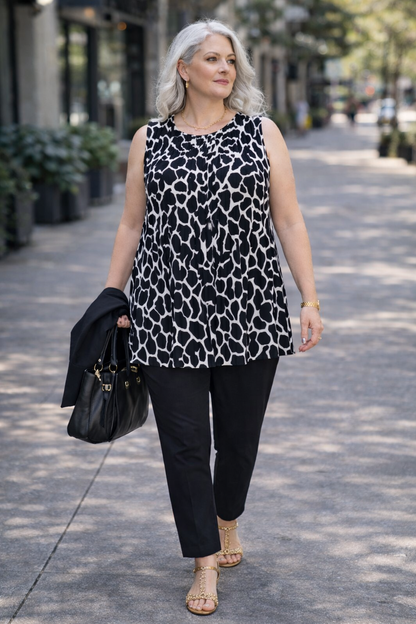 Top plissé long , imprimé girafe noir et blanc