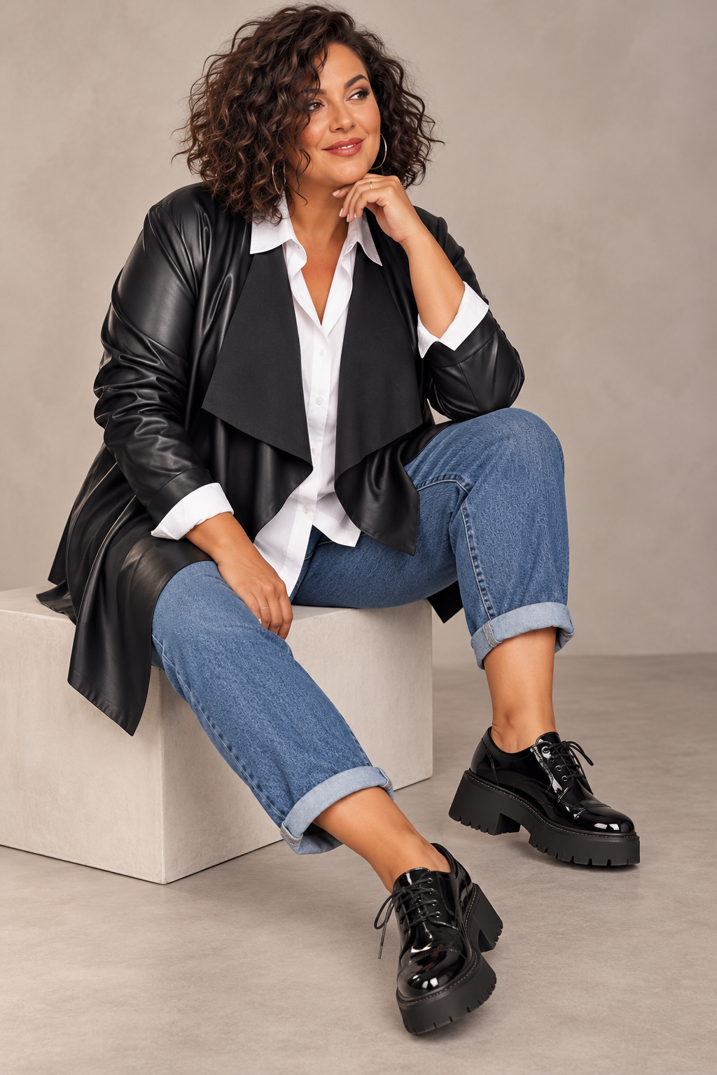 Veste simili cuir souple, col châle