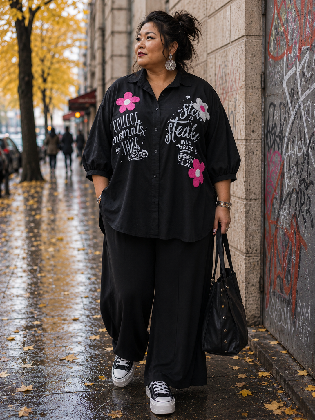 Chemise coton noir " flower patchs"