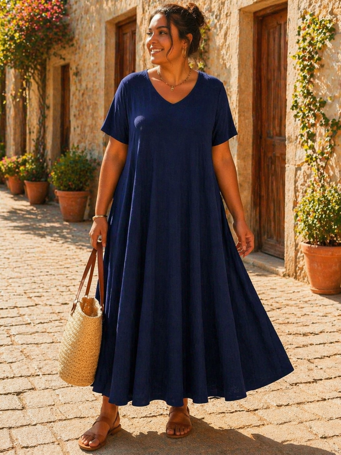 Robe longue col V , coupe évasée