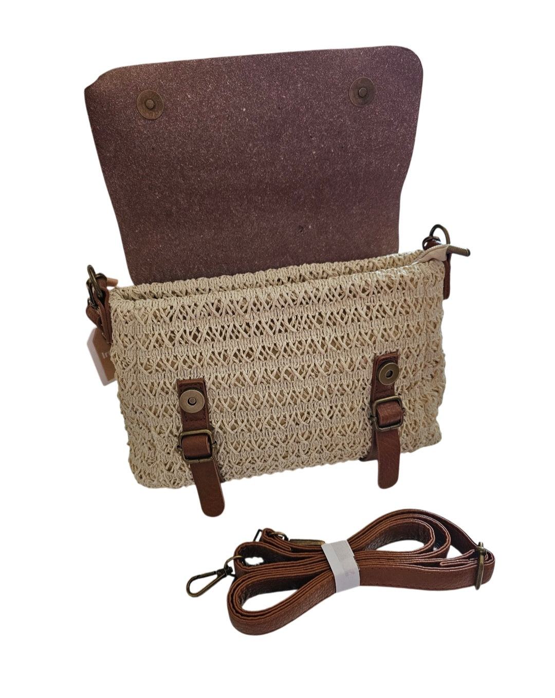 Sac besace rafia et cuir végétal