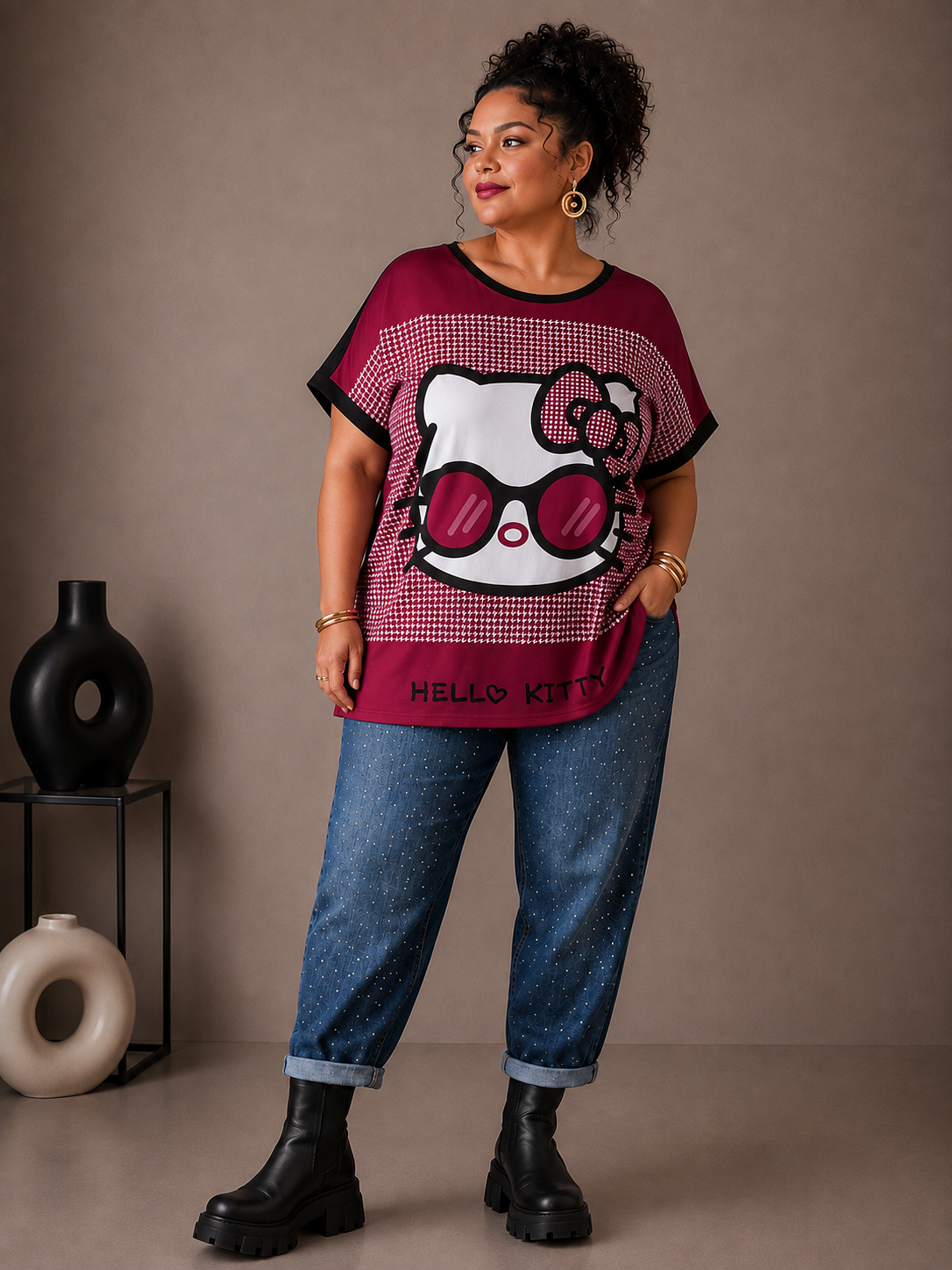 Teeshirt kitty bordeaux, noir , blanc