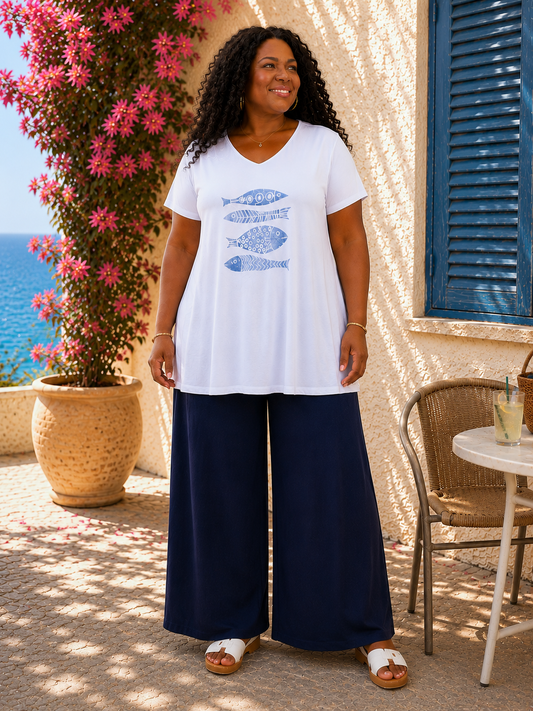Teeshirt évasé blanc, flocage poissons