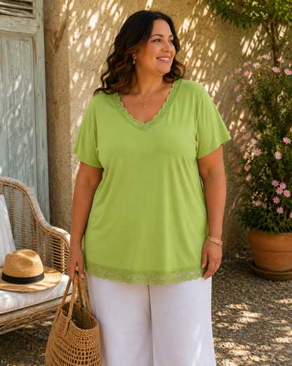 Teeshirt viscose et élasthanne / col et bas dentelle