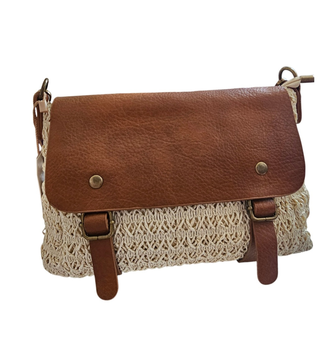 Sac besace rafia et cuir végétal