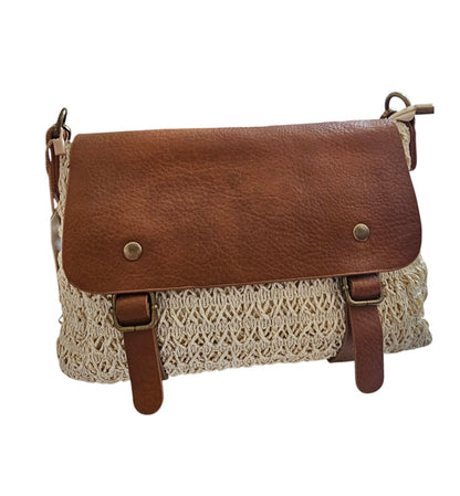 Sac besace rafia et cuir végétal